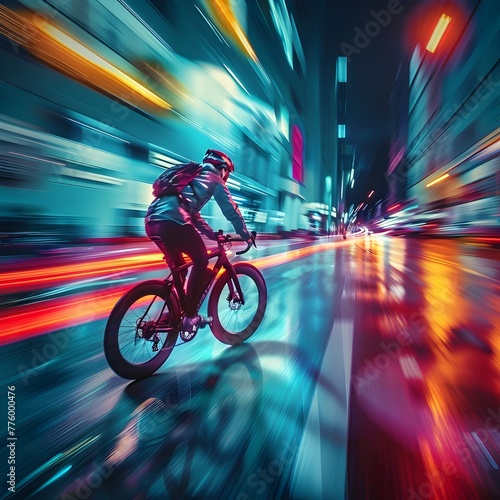 Cyclist Speeding Through Neon Lit City Night With Blurred Motion and Streaking Lights