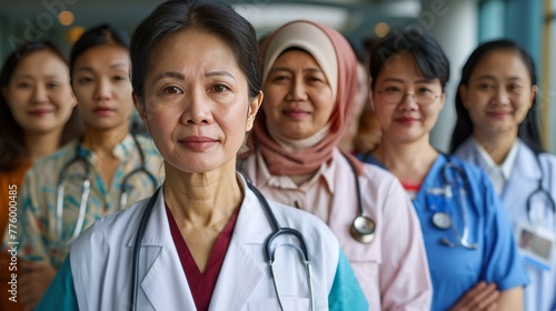 A composed, mature female doctor stands at the forefront with a group of diverse healthcare workers in the background, representing experience, leadership, and multicultural workforce in healthcare.