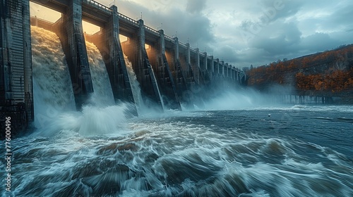 A majestic hydroelectric dam stands tall against a backdrop of flowing water. Generative AI. photo