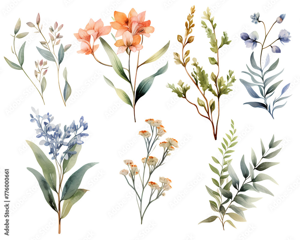 Fototapeta premium set of flowers vintage water color botanical flowers and leaves