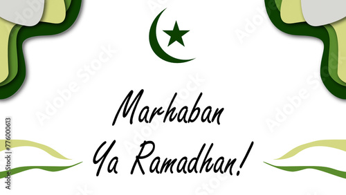 marhaban ya ramadhan or welcoming or welcome ramadhan or ramadan islamic holy month banner or card with abstract wave ornaments and a picture of a moon or crescent and star on a white background photo