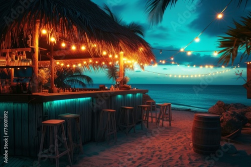 Tropical Beach bar ocean summer. Skyline sea. Generate Ai photo