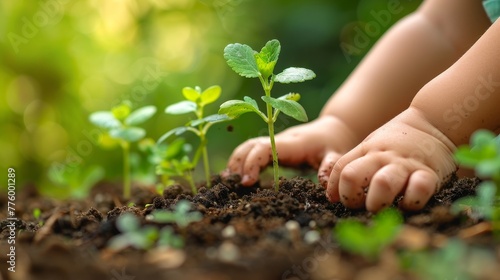 A child plants seedlings in the ground.