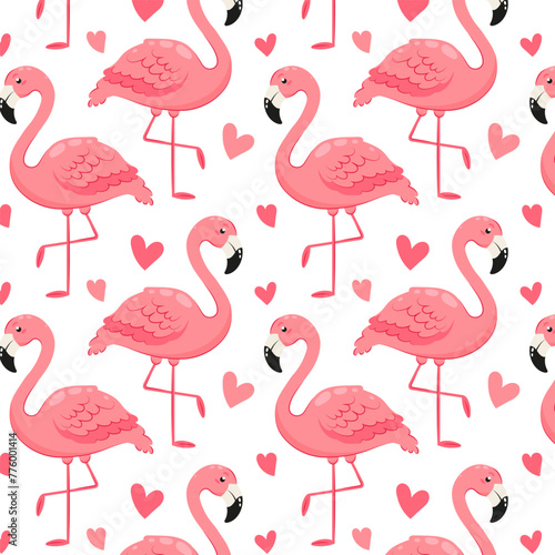 Pattern with pink flamingos and hearts. Pink flamingo in flat style. Seamless pattern for textile, wrapping paper, background.	