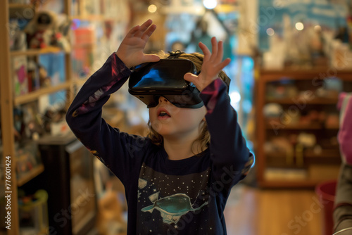 A young child wearing virtual reality goggles  exploring a virtual world with wonder and amazement