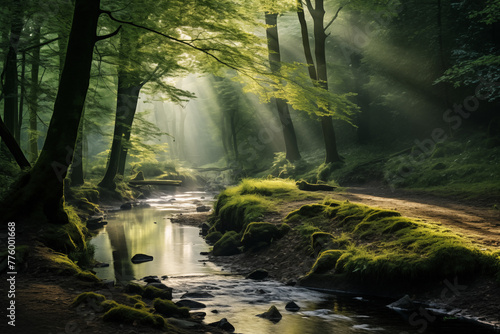 A serene forest scene with sunlight streaming through the canopy, illuminating a winding path and a tranquil stream