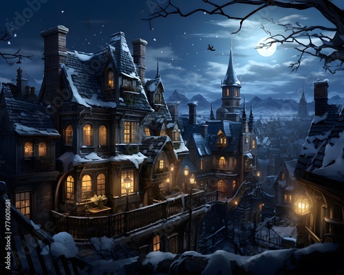 Winter landscape with old town in the moonlight. 3d rendering