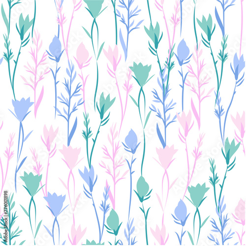 Vector seamless pattern with leaves and flowers on white background. Floral illustration for textile, print, wallpapers, wrapping.