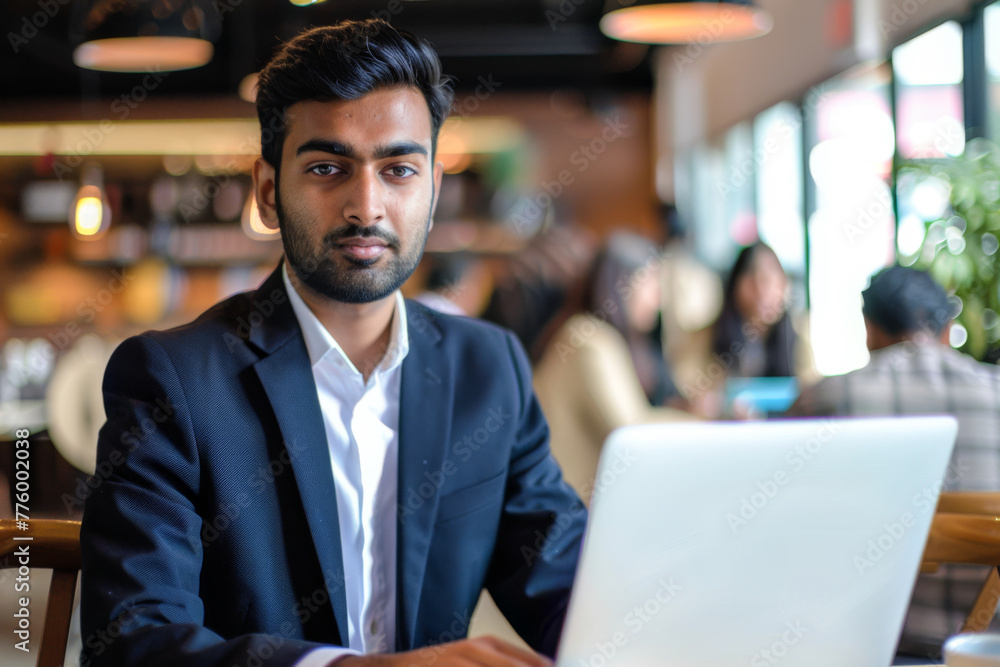 Portrait of young Indian businessman using laptop in a coffee shop.
Portrait of young Indian businessman using laptop in a coffee shop.