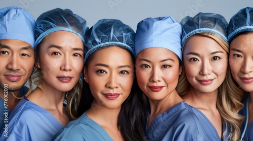 A line-up of Asian medical professionals in surgical attire, their expressions serious and ready, suggesting skilled teamwork and preparedness in a surgical or clinical environment. © okfoto