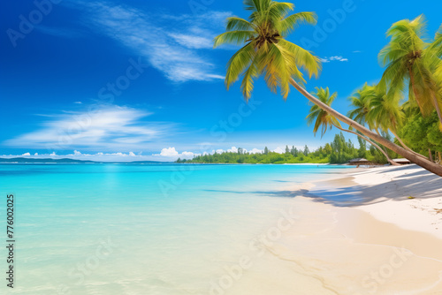 A panoramic view of a pristine beach with golden sand and turquoise water  inviting viewers to escape to a tropical paradise