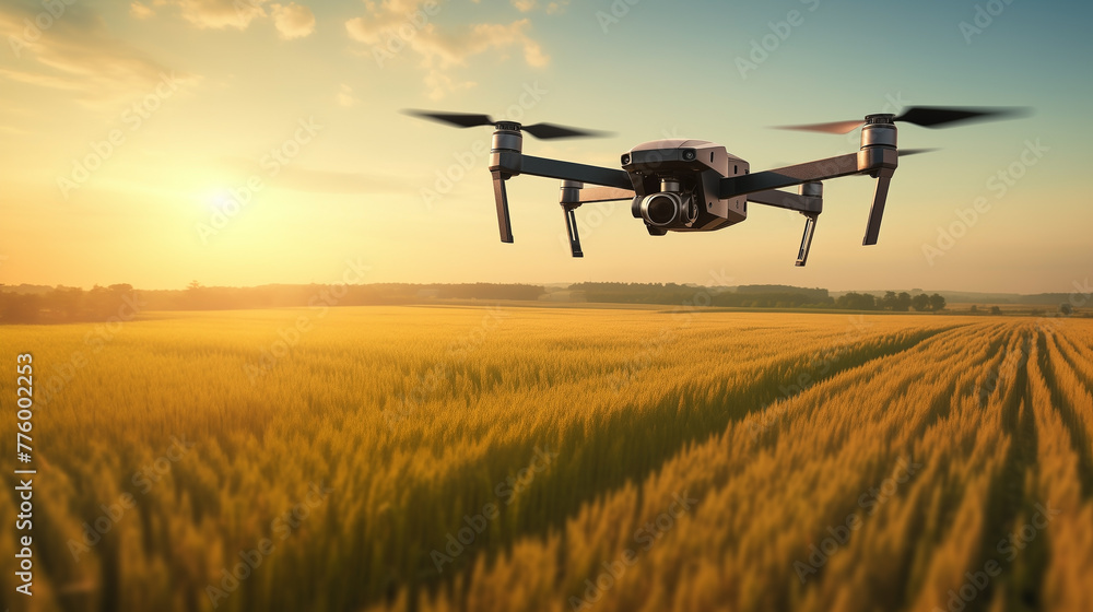 Agricultural drones flying on field.Smart farm drone flying modern technology in agriculture.Industrial drone over field and sprays useful pesticides to increase productivity destroys harmful insects - obrazy, fototapety, plakaty 