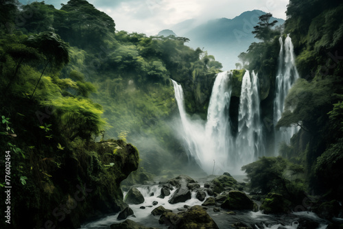 A majestic waterfall cascading down a lush green mountainside  surrounded by vibrant foliage and misty air
