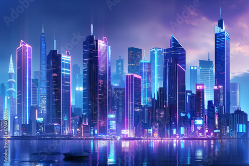 A futuristic city skyline illuminated by neon lights and towering skyscrapers, showcasing advancements in urban design and architecture
