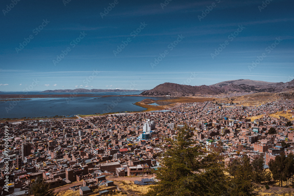 view over the city of Puno at lake Titicaca