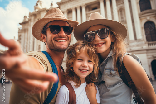 A family posing for a selfie in front of a famous landmark, creating lasting memories of their adventure together in a new and exciting destination © The Origin 33