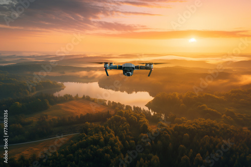 A drone hovering above a scenic landscape  capturing breathtaking aerial footage with its high-resolution camera