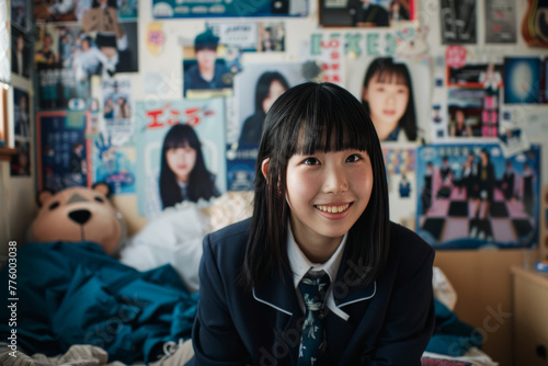 Portrait of a happy Asian girl in school uniform looking at camera 