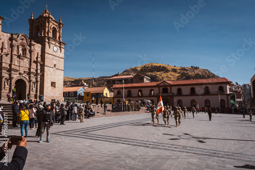 town square and church in Puno at lake Titicaca
