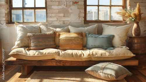 Contemporary living room interior with wooden sofa and pillows next to the window.