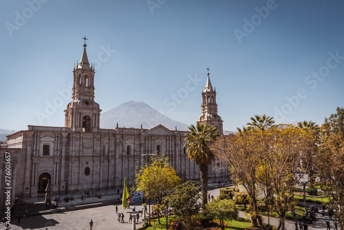 view over the main square and white stone church in Arequipa