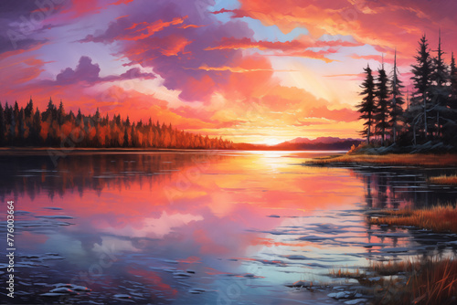 A breathtaking sunrise over a calm lake, painting the sky in shades of pink and orange and reflecting off the still water