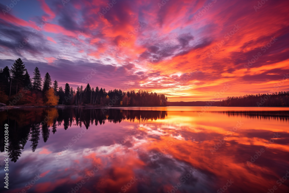 Obraz premium A breathtaking sunrise over a calm lake, painting the sky in shades of pink and orange and reflecting off the still water