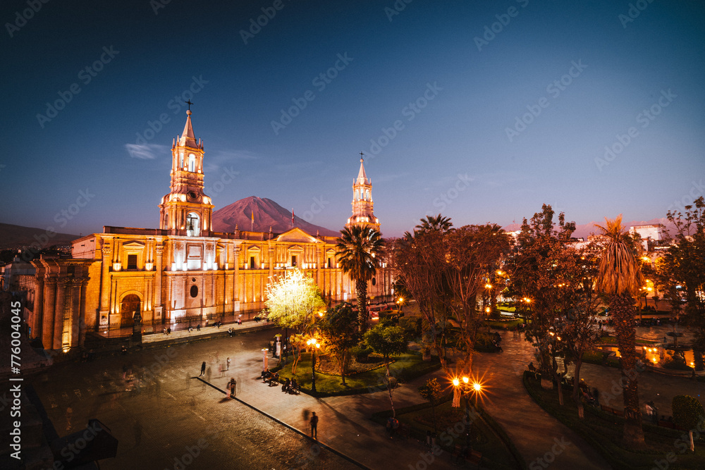 view of the main church in the white city Arequipa in Peru after sunset
