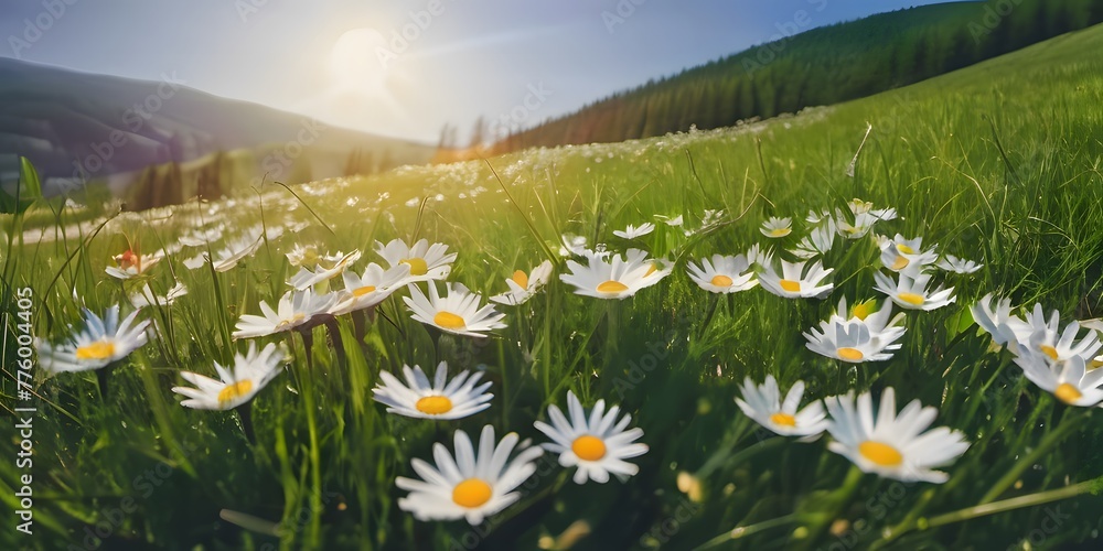 Beautiful spring and summer natural landscape with blooming field of daisies in the grass in the hilly countryside with sun ray.