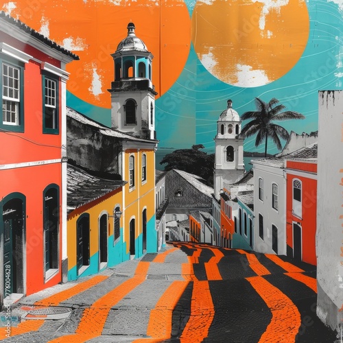 Contemporary Art Collage of Pelourinho's Cobblestone Streets and Colonial Buildings

