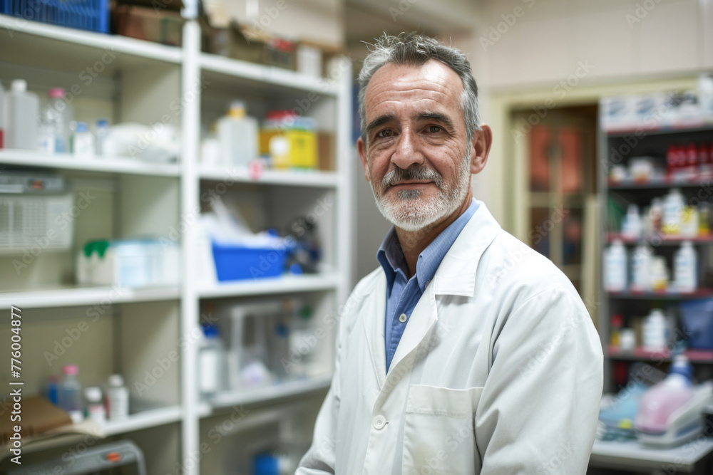 Portrait of senior male pharmacist standing in pharmacy drugstore.
Portrait of senior male pharmacist standing in pharmacy drugstore.