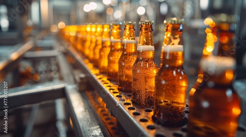 Filling beer bottles on brewery conveyor  clear closeup  production machinery backdrop