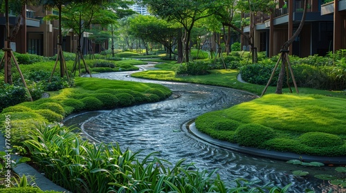 Sustainable water management in urban areas, green drainage solutions, eco friendly focus photo