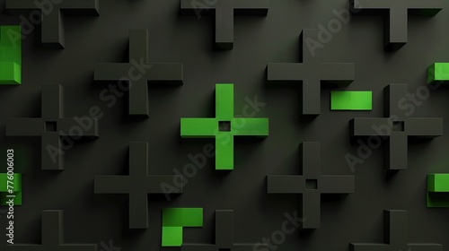 minimalist black background design with symmetrical repeated green plus symbols with squared off edges photo