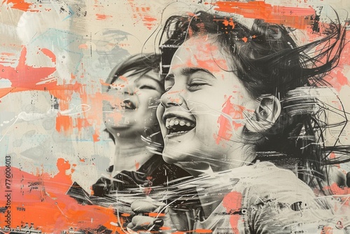Contemporary Art Collage of Mother and Child Sharing Joyful Laughter