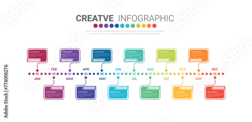 Timeline for 1 year, 12 months, infographics all month planner design and Presentation business can be used for workflow, process diagram, flow chart