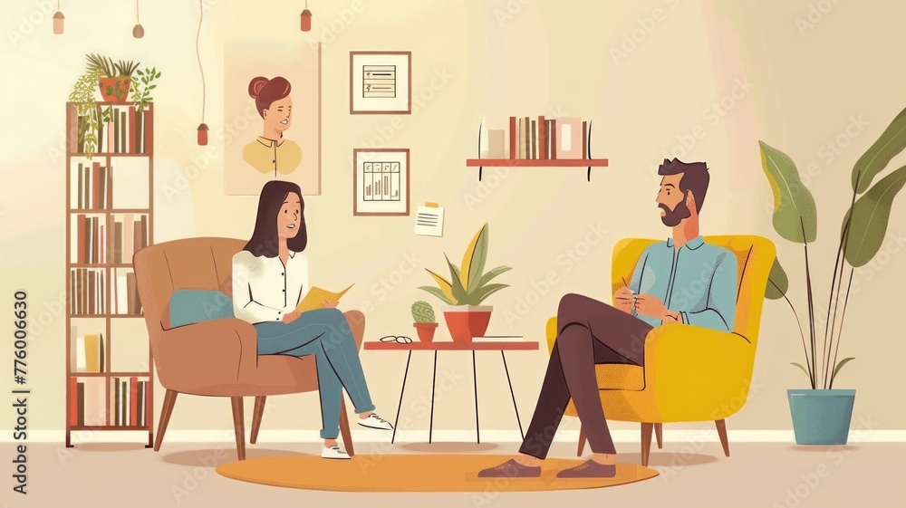 Simple Flat Illustration of Therapist and Client in Calming Therapy Session

