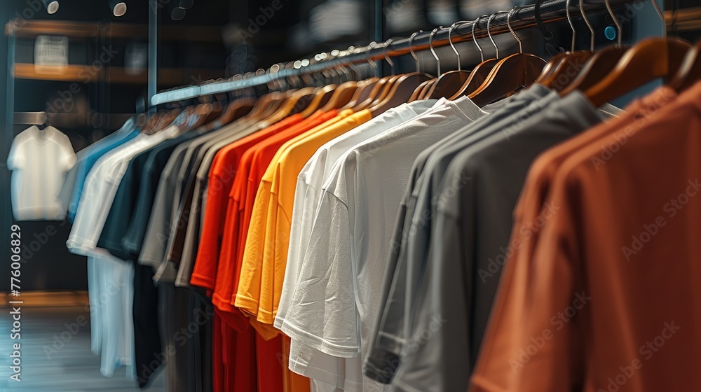 Obraz premium T-shirts of varying color hung on a rack. Generative AI.