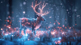 A magic festive reindeer covered in glowing lights in the forest, generative Ai