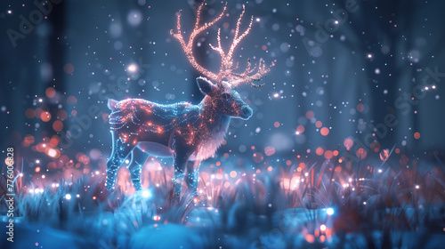 A magic festive reindeer covered in glowing lights in the forest, generative Ai © Zoya
