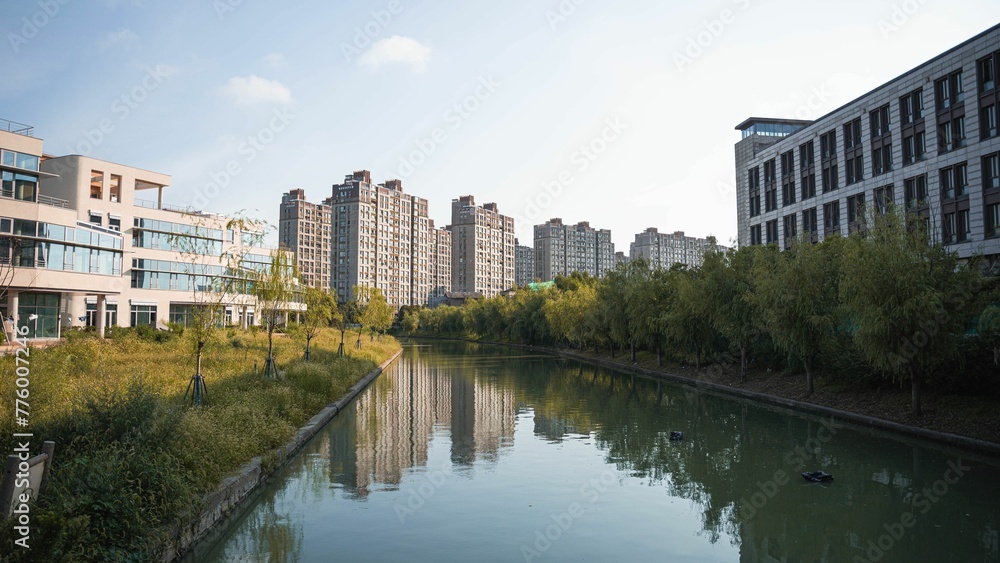View of the river reflection in Zhang Jiang, Shanghai, China