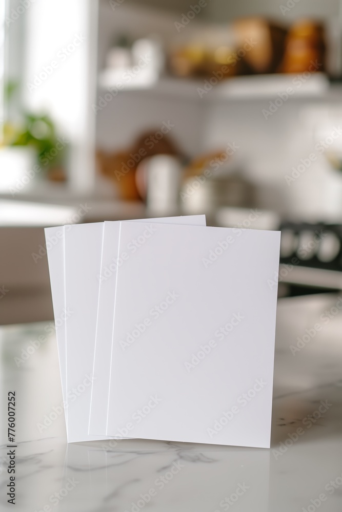 Blank White Cards Displayed in Cozy Kitchen Blank White Cards Displayed in Cozy Kitchen