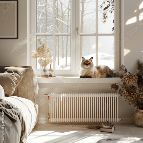 Beautiful persian cat relaxing on minimalist white radiator in modern interior setting