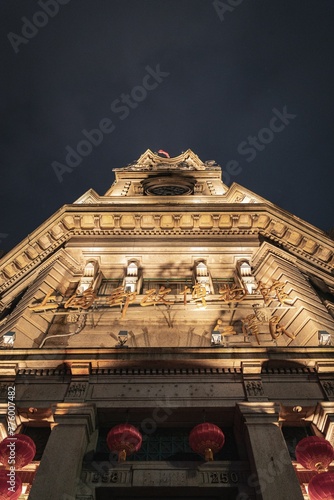 Photography Low angle of the illuminated Suzhou Creek building under night sky in Shanghai,