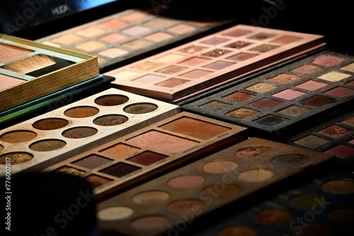 Several mainly nude eyeshadow palettes are next to each other under a studio light shot horizontally