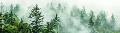 A wide panorama of a dense  foggy forest  with a white background and soft green tones. A misty forest landscape with a grey sky and green trees  showing a panoramic view in the fog