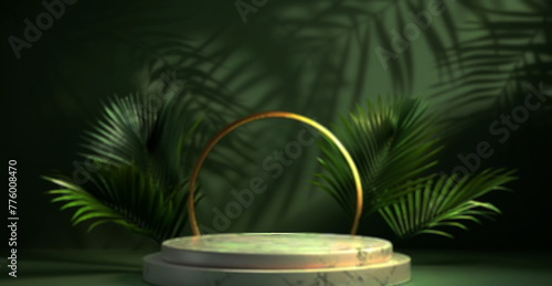 3d round podium with palm leaves green background