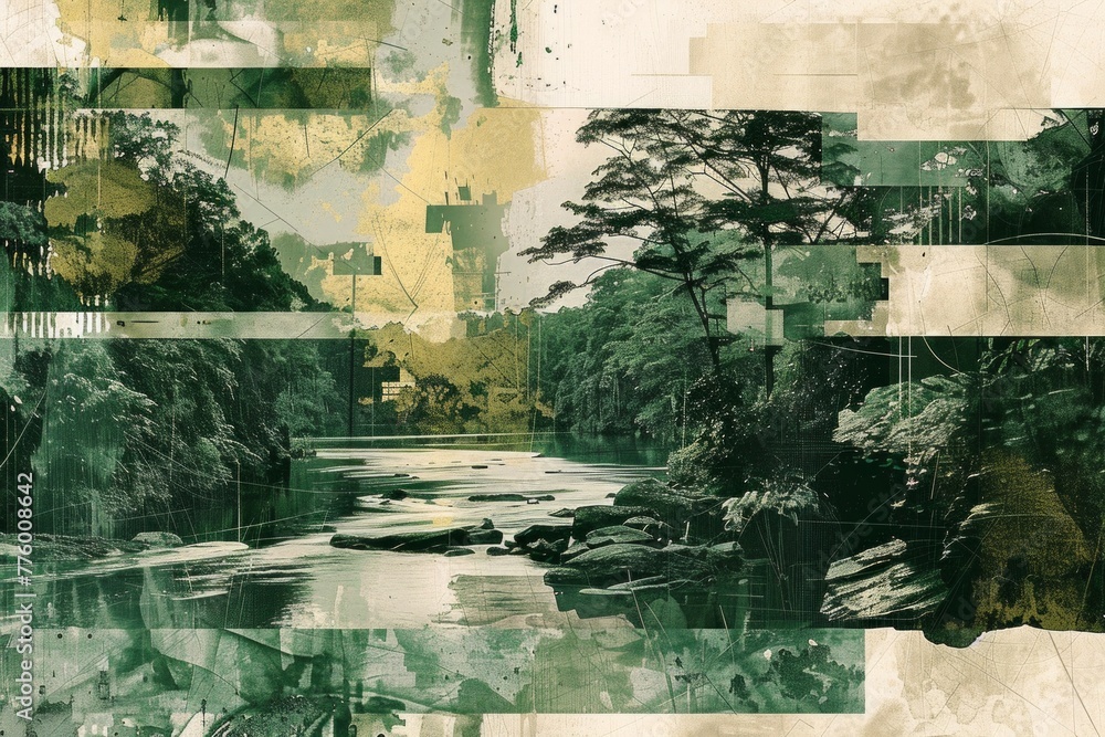 Contemporary Art Collage of Amazon Rainforest's Dense Canopy and Wildlife

