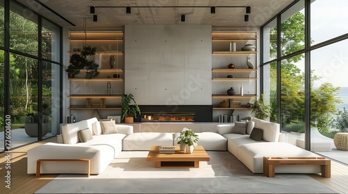 A large living room with white sofas, a wooden coffee table and shelves in the style of concrete interior design of a modern home. Generative AI.