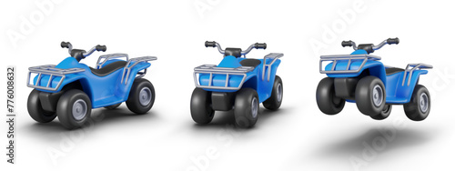 Blue realistic quad bike in different positions. Vehicle at rest and driving